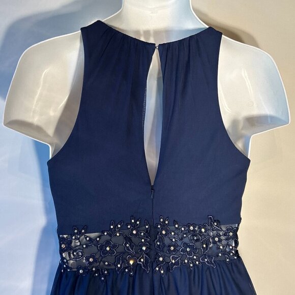 David's Bridal SZ 4 Matine Navy Gown Grecian Style Open Lace Formal Bridesmaid - Picture 7 of 11